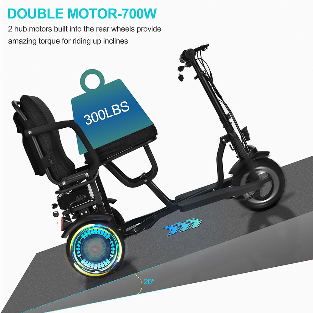 MotoTec Folding Mobility Electric Trike 48v 700w Dual Motor Lithium Black