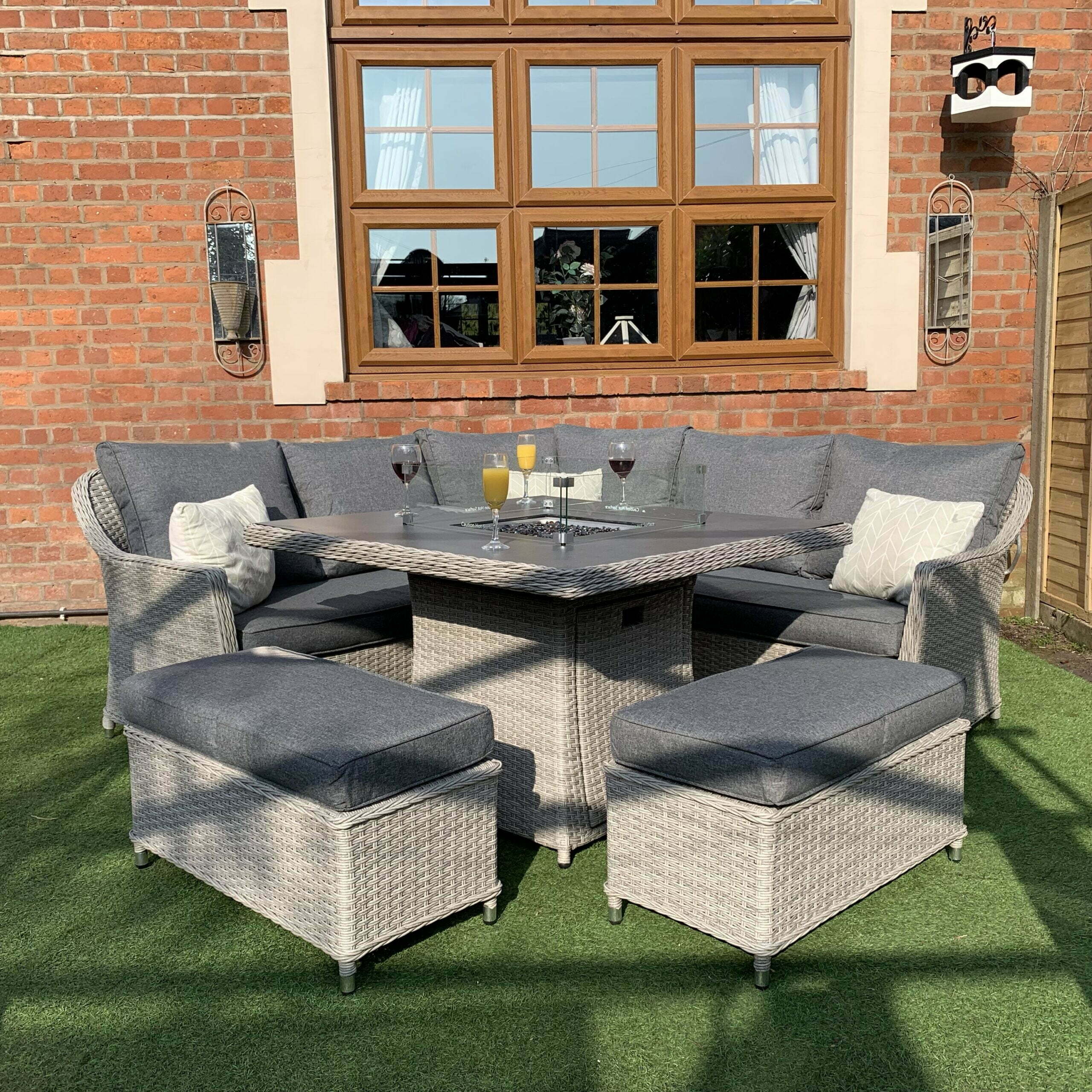 Rattan Corner Firepit Dining Patio Set 8 Seater