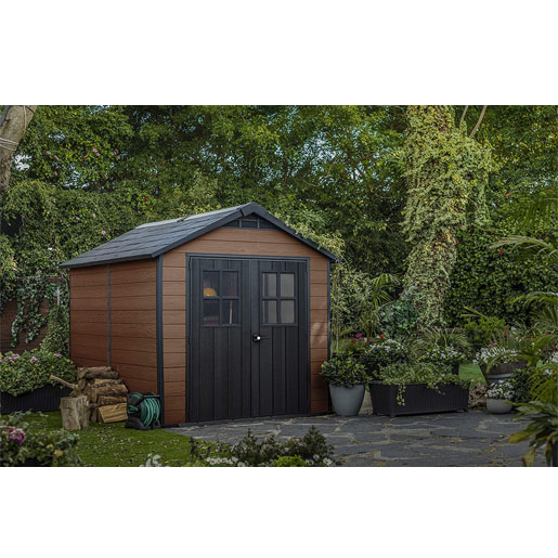 Keter Newton Outdoor Plastic Garden Storage Shed, Brown, 7.5 x 7 feet