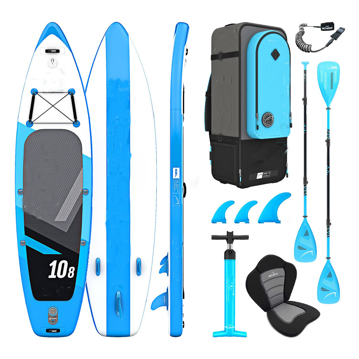 Bluefin SUP Inflatable Stand Up Paddle Board | 6” Thick | Kayak Conversion Kit | All Accessories | Multiple sizes: Kids, 10’8, 12’