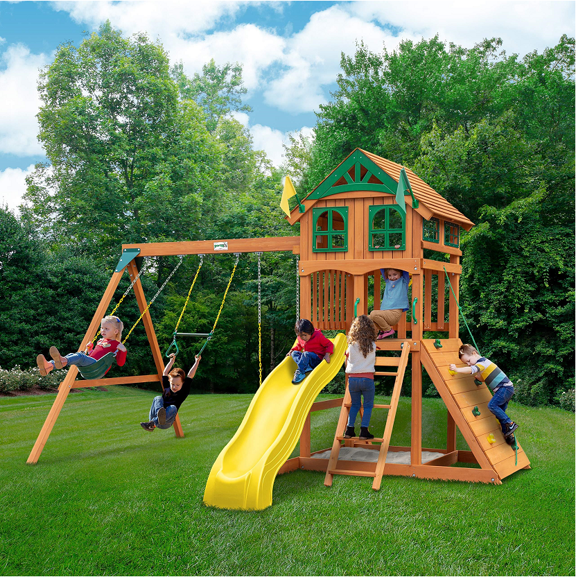 【Sports&Outdoors】【BS】Gorilla Playsets Outdoor Wood Swing Set with Wood Roof & Yellow Slide, Amber