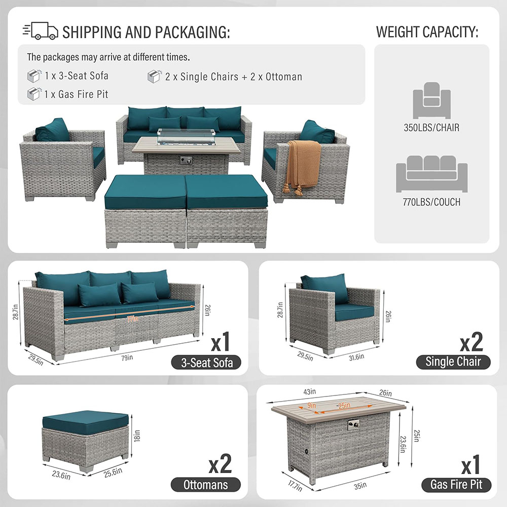 WAROOM patio furniture set 6 piece modular sofa PE rattan reception set with fire pit table