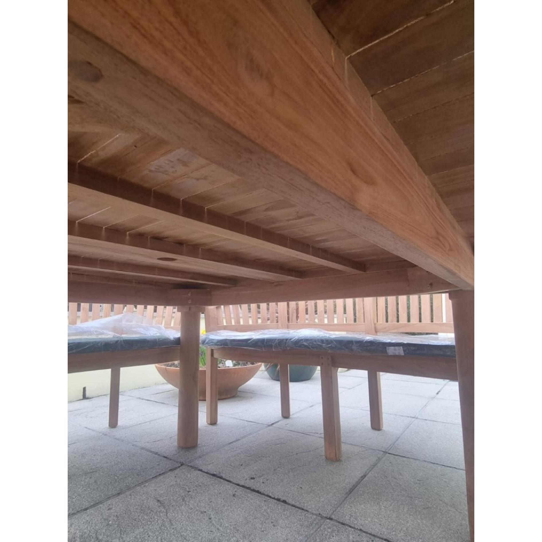 Teak garden dining set. 1.8m “Titan” round table, 4 bowwood style seats