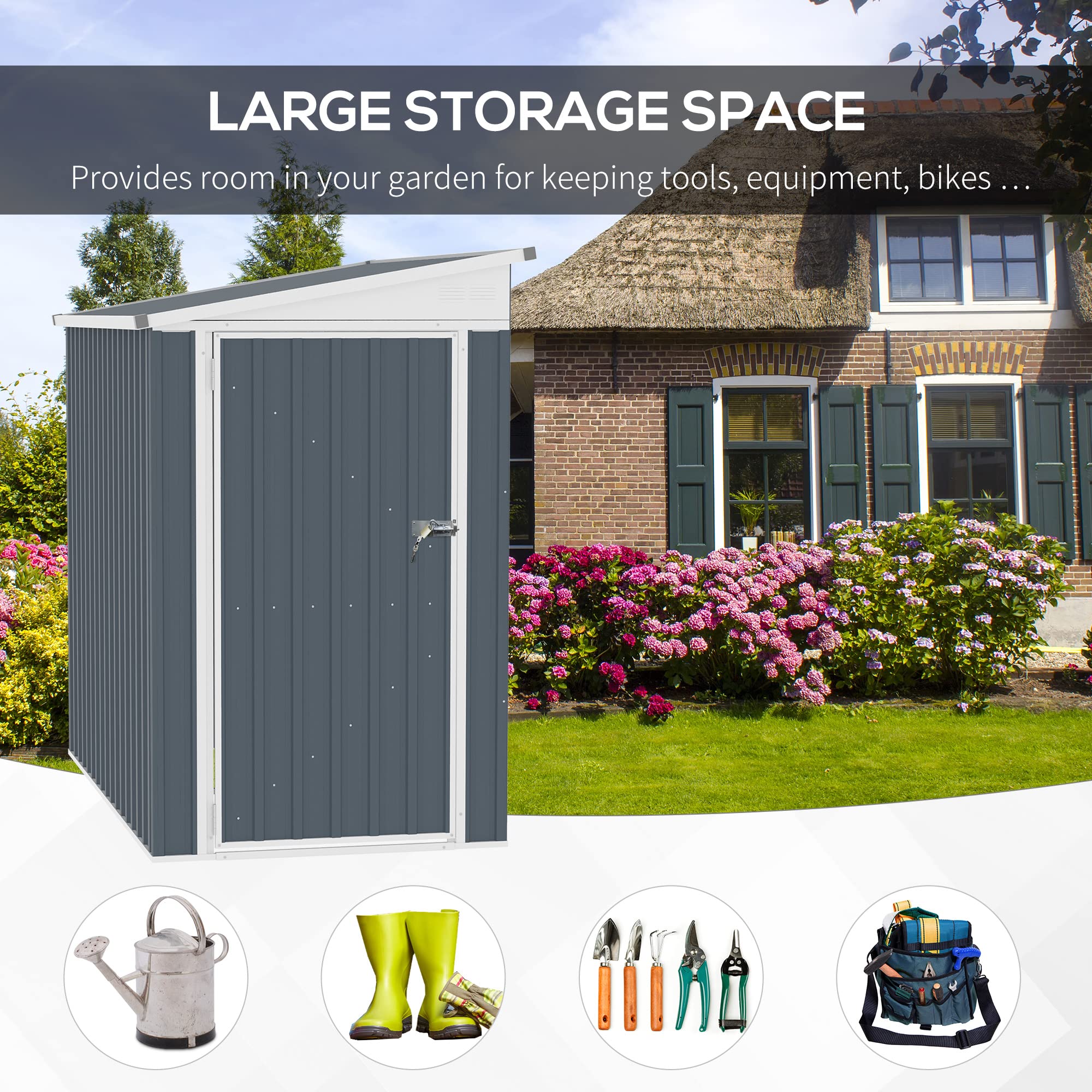 【Storage Shed】4' x 8' Steel Outdoor Sloping Metal Tool House with Lockable Doors & 2 Air Vents