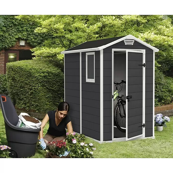KETER Manor 4x6 Resin Outdoor Storage Shed Kit-Perfect to Store Patio Furniture, Garden Tools Bike Accessories, Beach Chairs and Lawn Mower, Grey & White