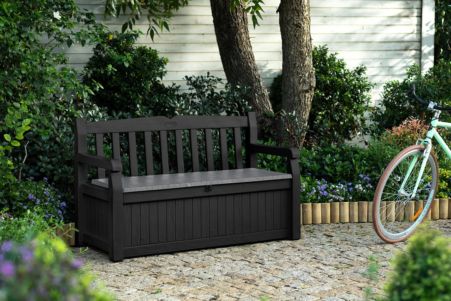 【Storage Shed】Solana Chic Elegant Wood-Look Storage Bench with Comfy Durable Weather Resistance Sitting