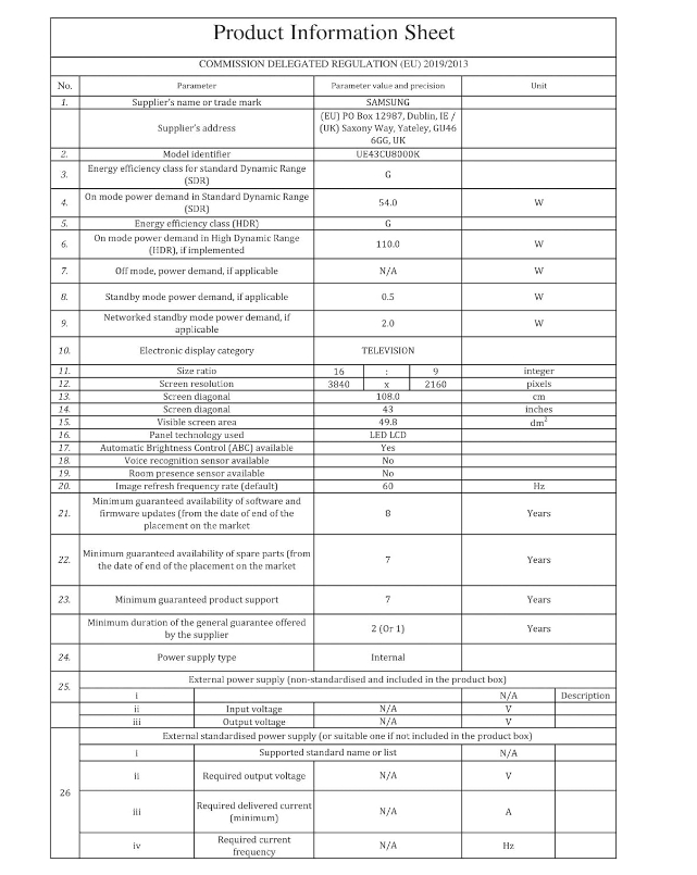 Samsung UE43CU8000 (2023) LED HDR 4K Ultra HD Smart TV, 43 inch with TVPlus, Black