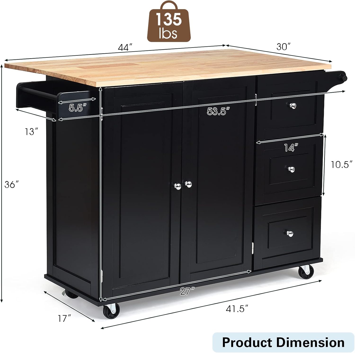 COS TWAY Kitchen Island Trolley on Wheels with Double Door Cabinet, 3 Drawers and Towel/Spice Rack, Utility Cabinet with Deciduous Rubber Wood Top and Adjustable Shelves, Suitable for Home Kitchen, Dining Room (Black)